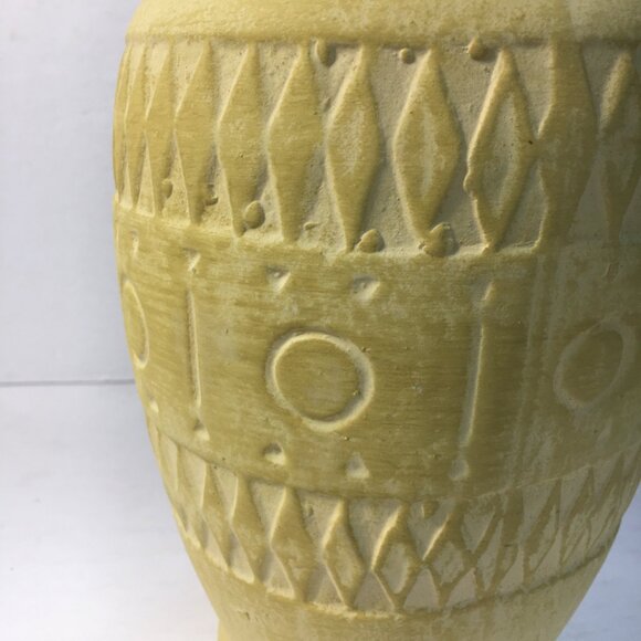West German Yellow Textured Ceramic 12" Vase Geometric Patterns Vintage - Picture 2 of 7